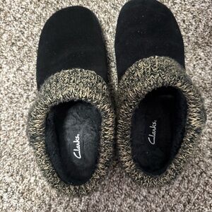 Clarks Womens Comfort Suede Leather Knitted Collar Slipper Black Size 8